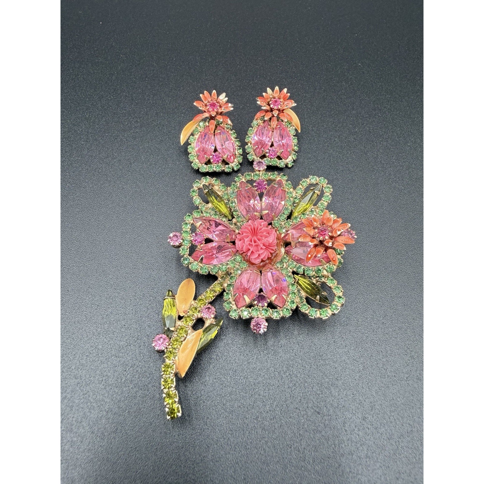 Vintage Alice Caviness Pink Flower Rhinestone Brooch Earring Set Vintage Jewelry 450$